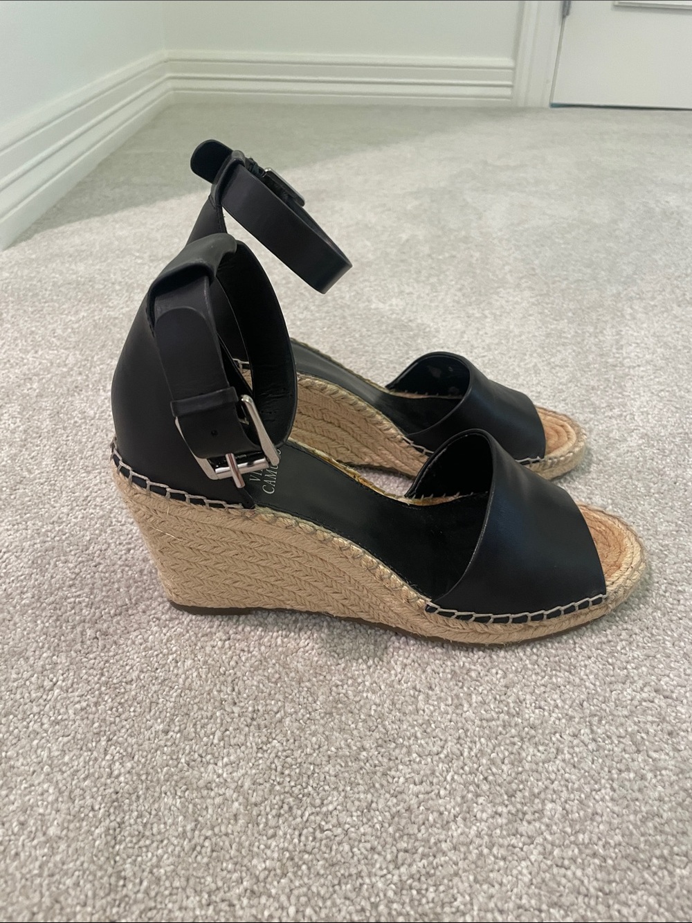 Black Espadrille Wedge Sandals with Ankle Strap Vince Camuto